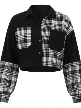 Fashion on Earth Women’s XL Black/White Plaid Woven Collared Cropped Button-Up